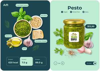 Fresh & Flavorful — Pesto Sauce Product Page UI Design cleanui dribbbleinspiration ecommerceui figmadesign foodbranding foodui healthyfood ingredientdesign minimaldesign modernui nutritionui pesto pestosauce productpackaging productpagedesign realisticmockup uiuxdesign uiuxinspiration veganfriendly websitelayout