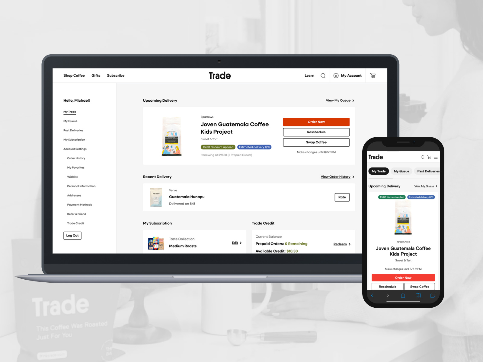 Trade Coffee Custom Account Dashboard account coffee custom dashboard ecommerce figma modern profile shopify subscription trade coffee ui ux