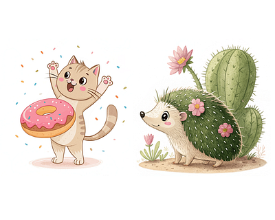 Soft Textured Character Illustration in Whimsical Style ai enhanced illustration aiart animation cactus hedgehog cute animal characters graphic design illustration kawaii cat illustration pastel kids illustration whimsical animal art