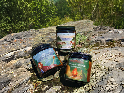 Whimsical candle label illustrations animals campfire candle packaging cartoon children illustration design elf fantasy forest girl illustration label design magical mountain nature