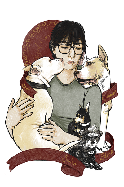 Self-portrait with dogs illustration illustration art