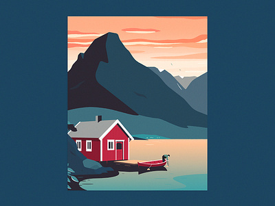 Sunlit Days boat building cabin design digitalart fishing graphic design house illustration landscape life minimalism mountains norway ocean poster simplicity sunlight vector