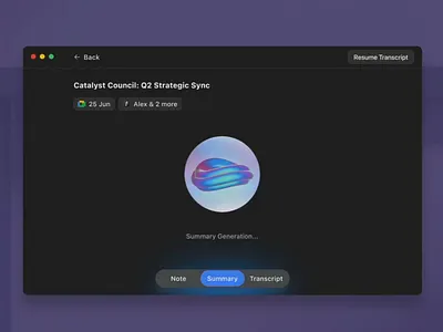 AI-Powered Meeting Summary - Generation Animation (3D Spline) 3d animation app app design dark design design app illustration macos spline ui ux web design
