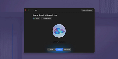 AI-Powered Meeting Summary - Generation Animation (3D Spline) 3d animation app app design dark design design app illustration macos spline ui ux web design