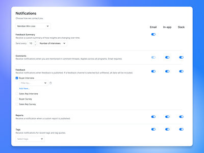Notification Settings — Clozd admin email notification notification settings notifications preferences saas settings settings ui toggles ui user experience user interface ux