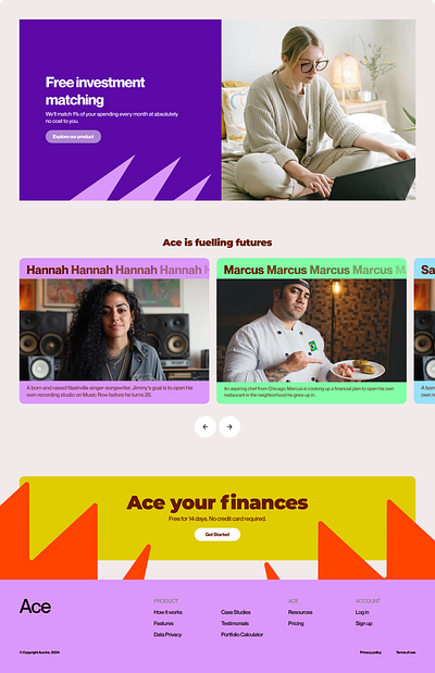 Fintech Landing Page – Empowering the Everyday Investor ai branding figma fintech freelance green logo playful project ui ux visual design yellow