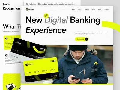 Digiflex-Website/App app artificilaintelligance banking branding card design faceregnition fintech graphic design grid header landingpage lime money scifi startup transcation ui ux webddesign