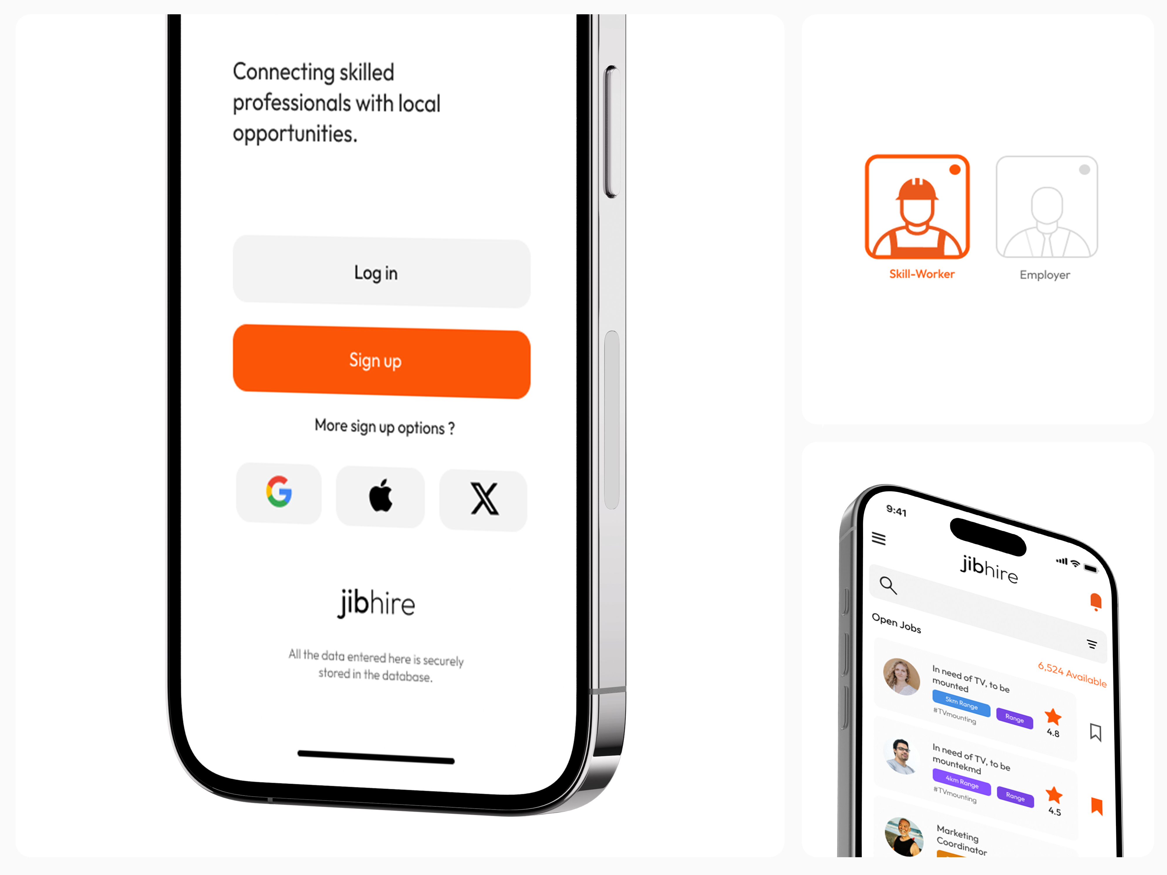 Jibhire App UI: Connect with Small Jobs & Gigs app branding choose design design art designer flow gigs hire identity illustration job list orange sign in signing ui ui design ux work