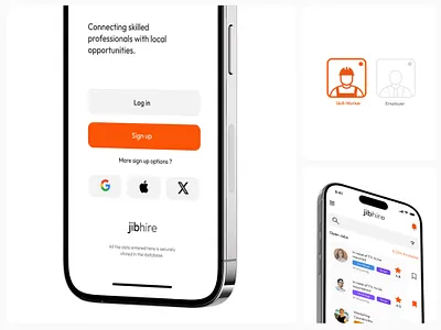 Jibhire App UI: Connect with Small Jobs & Gigs app branding choose design design art designer flow gigs hire identity illustration job list orange sign in signing ui ui design ux work
