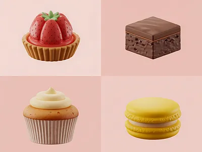 Stylized 3D Dessert Collection with Soft Realism 3d render ai art ai illustration floating object composition food icons graphic design illustration midjourney art minimalist food illustration packaging mockup pastel aesthetic semi realistic food stylized 3d art