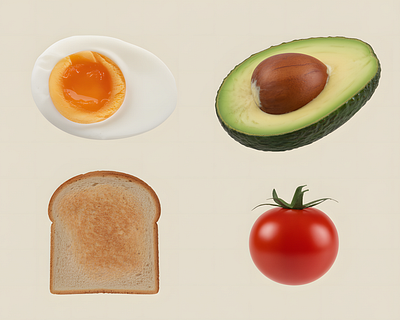 Realistic 3D Render – Breakfast Pack 3d 3d food rendering ai generated 3d art avocado 3d art cooking app icons editorial food design hyperrealism in cgi illustration menu design mockup midjourney art photorealistic 3d style product packaging design