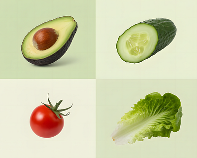 Realistic 3D Render – Fresh Salad Ingredients in Grid Layout 3d 3d design 3d food render branding digital food photography editorial food render healthy ingredients illustration midjourney art modern food branding realistic vegetables wellness illustration