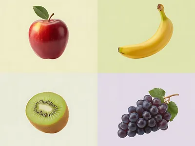 Minimalist 3D Fruit Grid – Modern Render, Soft Pastel Palette 3d fruit illustration ai art ai illustration branding fresh diet concept art healthy food graphic midjourney art minimalist fruit render realistic fruit design stylized food branding wellness visuals