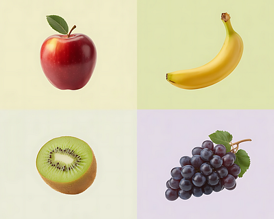 Minimalist 3D Fruit Grid – Modern Render, Soft Pastel Palette 3d fruit illustration ai art ai illustration branding fresh diet concept art healthy food graphic midjourney art minimalist fruit render realistic fruit design stylized food branding wellness visuals