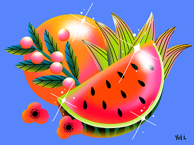 🍉💦Juicy summer!🌺✨ artwork colorful digital illustration digitalart flowers fruits illustration illustrator sparkles summer sun watermelon
