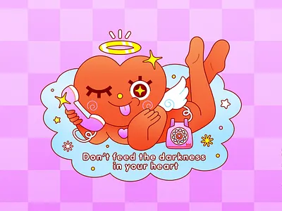 Lighthearted angel character character design cheeky colorful cute design flat graphic design halo heaven illustration illustrator lockup mental health rotary phone self love telephone texture vector
