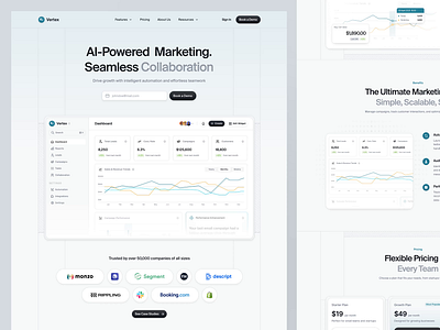 Vertex - AI Marketing Website ai business campaign card ui chart clean dashboard integrations landing page leads marketing modern payment saas sales technology ui ux website workflow