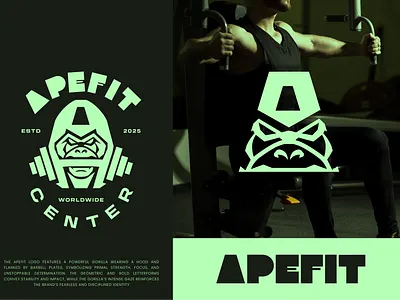 Apefit Center - Mascot Fitness Gym Logo Branding animal app brand identity branding bravo crossfit custom fitness gorilla gym health icon logo mark sport vector website wellness wordmark