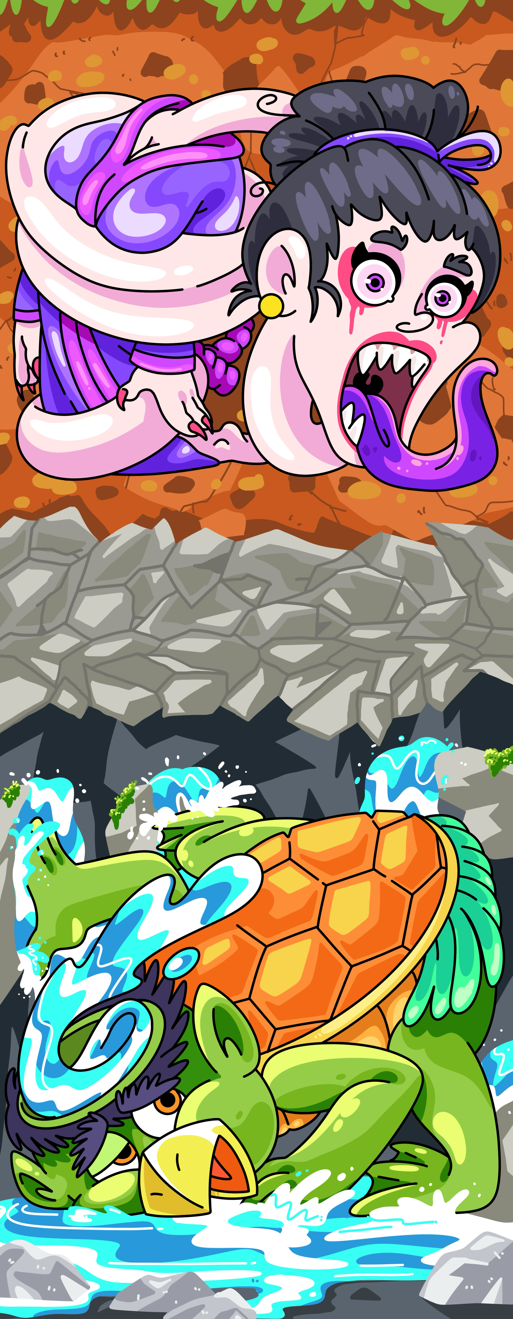 Rokurokubi & Kappa - Stuck Spirits 2d animation branding cartoon cartoon character character design colorful creature cute design graphic design illustration japanese logo playful procreate spirits stuckspirit ui yokai