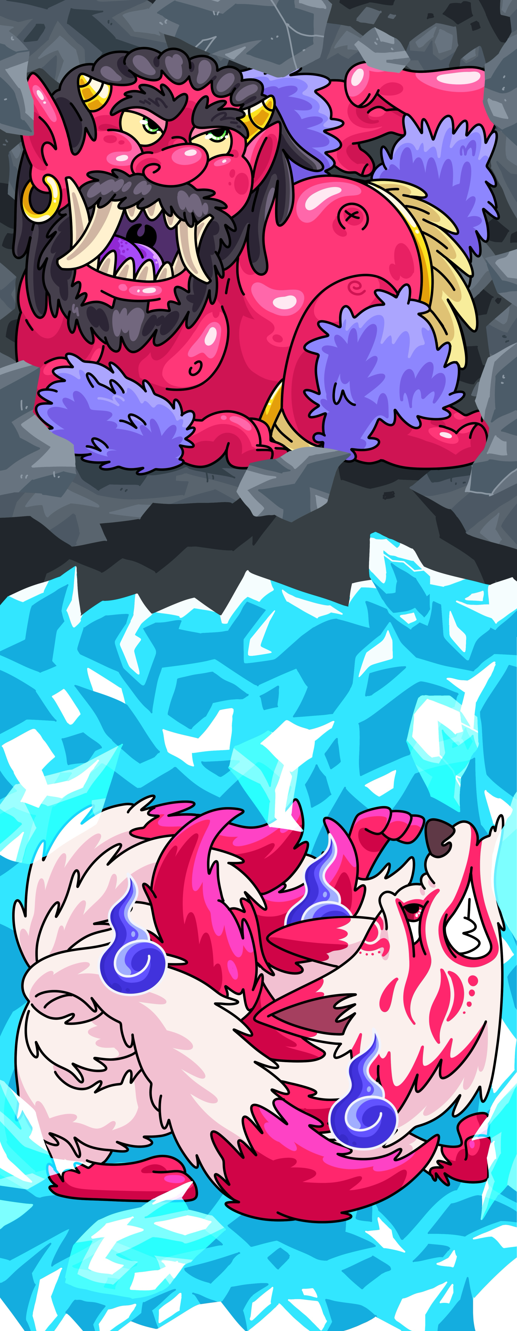 Oni & Kitsune - Stuck Spirits 2d animation branding cartoon cartoon characters characters design creature design graphic design illustration japanese japanese cartoon kitsune logo oni procreate spirit stuck spirits ui yokai