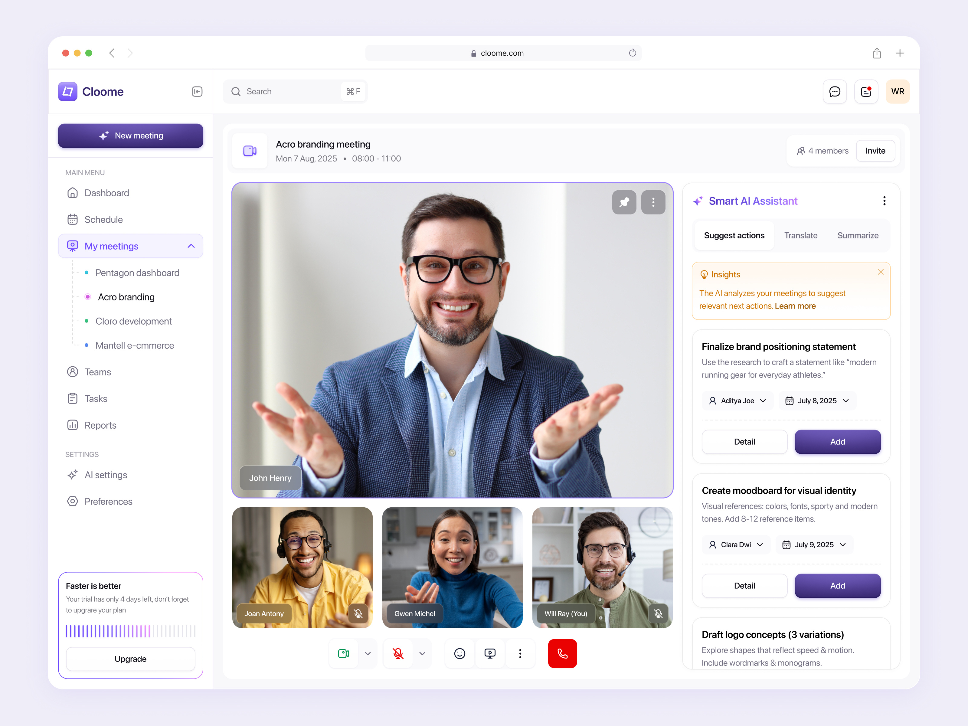Cloome — Smart Meeting SaaS Dashboard with AI Integration ai ai dashboard ai integration artificial intelligence auto automation clean dashboard dashboard design meeting modern neat product design saas technology ui design ux virtual meeting dashboard zoom