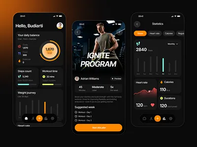 Fitness Mobile App blood calories category chart darkmode detailpage figma fitnessapp healthapp healthtracker heartrate homepage kcal mobileui overview report statistics uidesign uxdesign workout