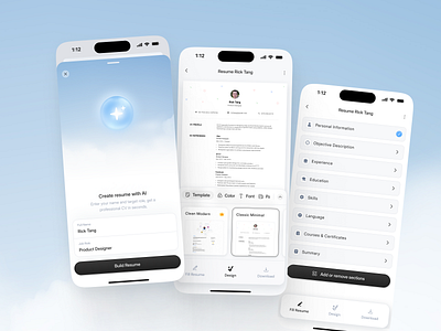 Rezume - AI-powered Resume Builder App [Create Resume with AI] ai clean cv builder cv editor cv maker esume maker mobile modern resume ai resume app resume builder resume builder app resume mobile ui ux