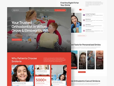 Smilevia – Orthodontics Landing Page branding care clean dental design desktop doctor figma fit health inspiration new orthodontics orthodontist popular red trending ui ux website