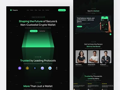 Trezorix - Non-Custodial Crypto Wallet Landing Page blockchain crypto crypto wallet dark design figma graphic design green landing page market minimalist modern motion graphics stock ui uidesign uiux wallet web3 website