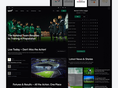 SAFF Plus — A Darker, Bolder Football Experience design desktop football football website informations landing page match status modern design player website soccer website sport sports ui design typography ui uidesign uiux ux uxdesign web design website design
