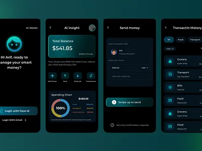 AI Wallet App UI – Smart Finance Dashboard & Money Transfer UX ai app design animation dark mode ui figma design finance app fintech minimal ui mobile app mobile banking modern app design money transfer payment app send money smart wallet ui uiux user interface wallet app