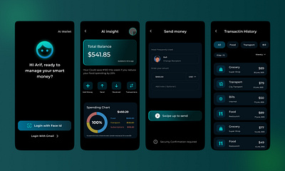 AI Wallet App UI – Smart Finance Dashboard & Money Transfer UX ai app design animation dark mode ui figma design finance app fintech minimal ui mobile app mobile banking modern app design money transfer payment app send money smart wallet ui uiux user interface wallet app