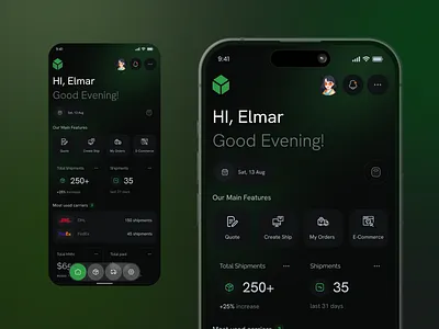 Shipment Dashboard Mobile UI courierapp dark mode darkui dashboarddesign dashboardui logisticsapp mobile app mobiledashboard moderndesign parceltracking productdesign shipmenttracking shipping app uidesign uxdesign