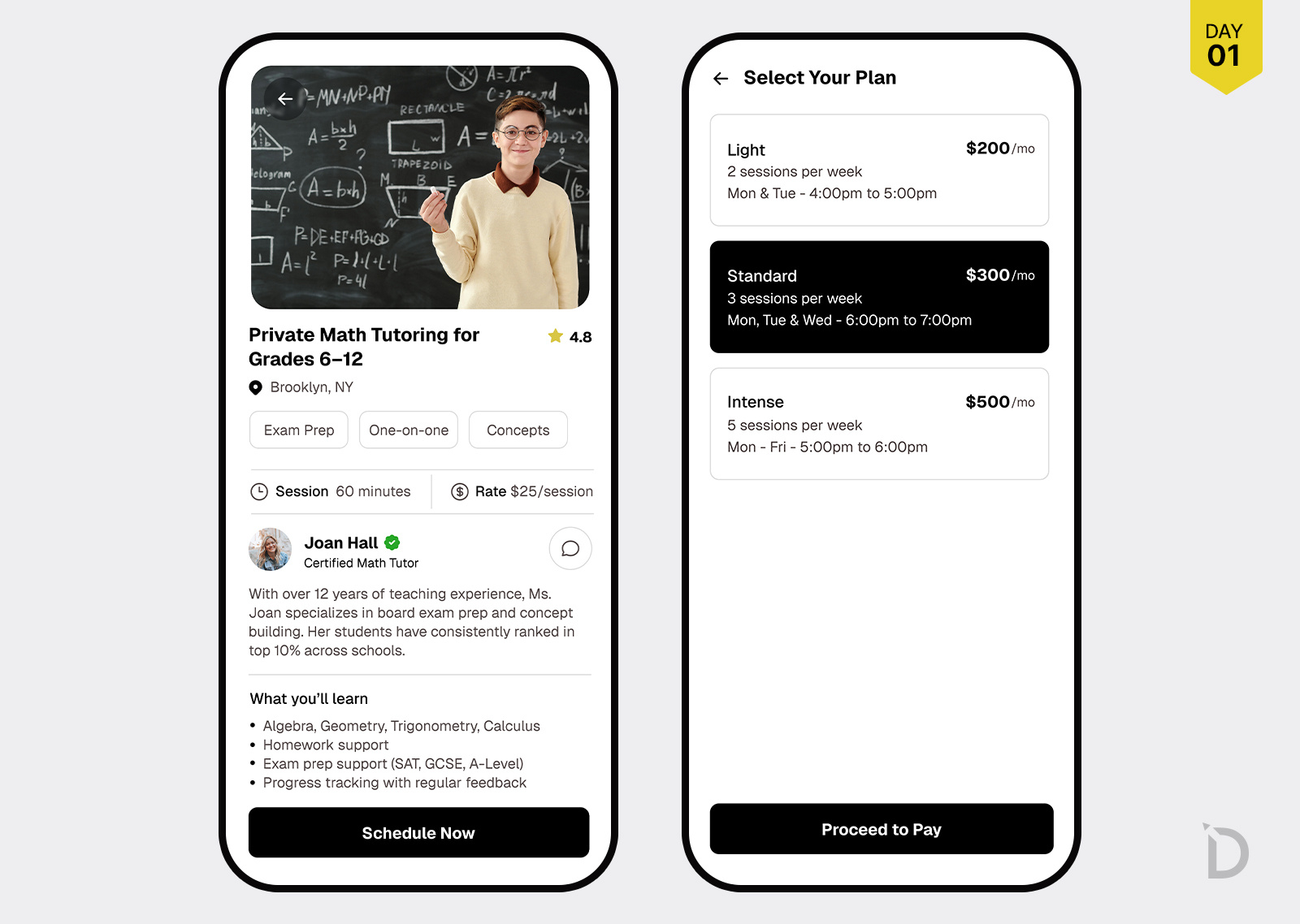 Booking flow for tutoring services 30 days of ui app design booking booking app booking page mobile ui pricing plans product details services services details ui ui challenge