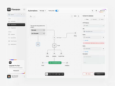 Flowaxon - AI Automation Dashboard ai animation automation chart clean components dashboard database desktop dpop micro interaction minimalist motion graphics n8n sidebar simple system ui website workflow