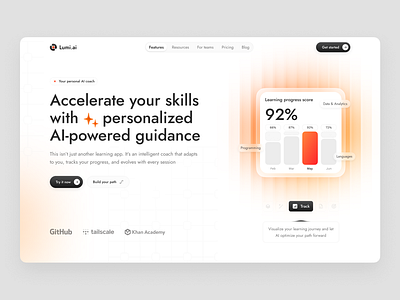 Lumi.ai home page 3d ai coach design design system flat hero home layo page saas stats studio ui ux website