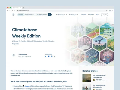 Climatebase - Newsletter Page Redesign blog clean climate climatenews climatetech design figma fresh illustration jobboard jobseeker mobileresponsive newsletter product ui ux website