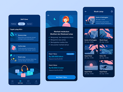 Dark Mode Sleep Music of Riliv bright color clean design counseling dark dark mode illustration library meditation mindful minimal mobile music night self care sleep ui ux vector