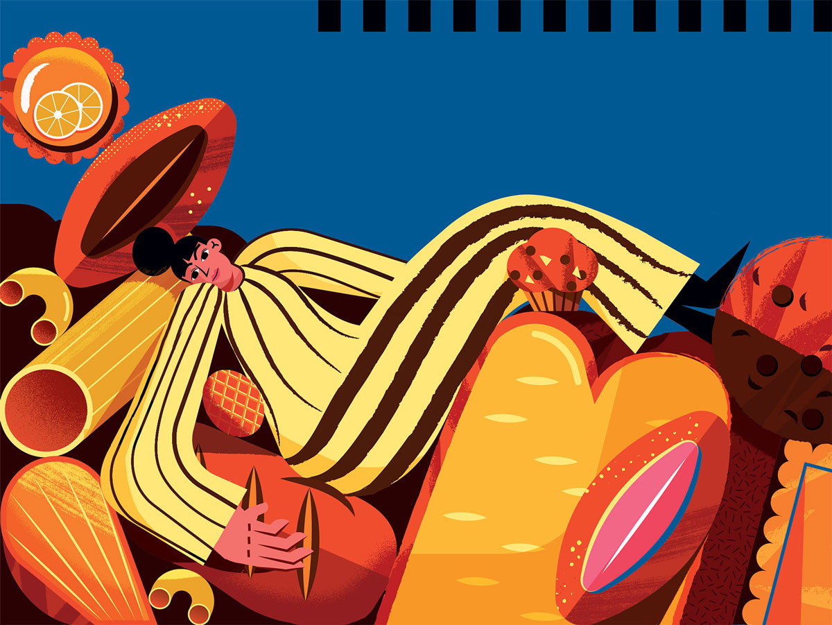 Health and wellbeing character editorial food health illustration illustrator issue patisserie sugar texture vector wellbeing woman