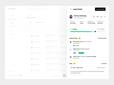 Mortgage CRM - Dashboard Leads Detail activity crm dashboard dashboard design lead lead details mortgage mortgage crm mortgage dashboard notes product design profile sales sales crm sales crm dashboard side navigation side tab tracking ui ux ux