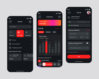 Telecome Mobile App billing connectivity coverage data usage date mobile app network app payment plan recharge roaming signal suscription telecome telecome app ui usage ux