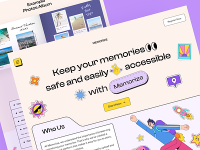 Memorize - Landing Page Design album albumdesign clean cute design figma hero illustration landing page landingpage memory memorykeep photo photostorage popular ui uiux ux webdesign website