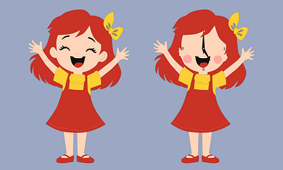 two girl characters in red with cheerful smiles. young