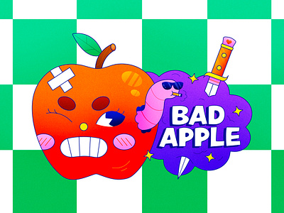 Bad Apple apple apple character childrens character childrens illustration colorful cute design flat fruit funny illustration illustrator knife texture vector vector graphic worm