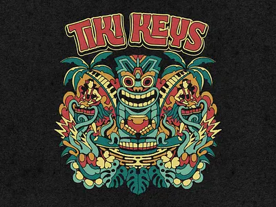 Tiki Keys - Illustration for T-Shirt alohavibes apparel beachvibes branding colorfulart creativeprocess dribbble graphic design groovyart illustration merchdesign psychedelicart retrovibes summerart tikivibes tropicaldesign tropicalillustration tshirtdesign vintage vintageillustration