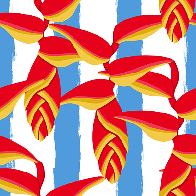 Red Tropical Flowers on Blue and White Lines. Seamless pattern bright fabric fashion flowers packaging pattern red seamless textile tropical