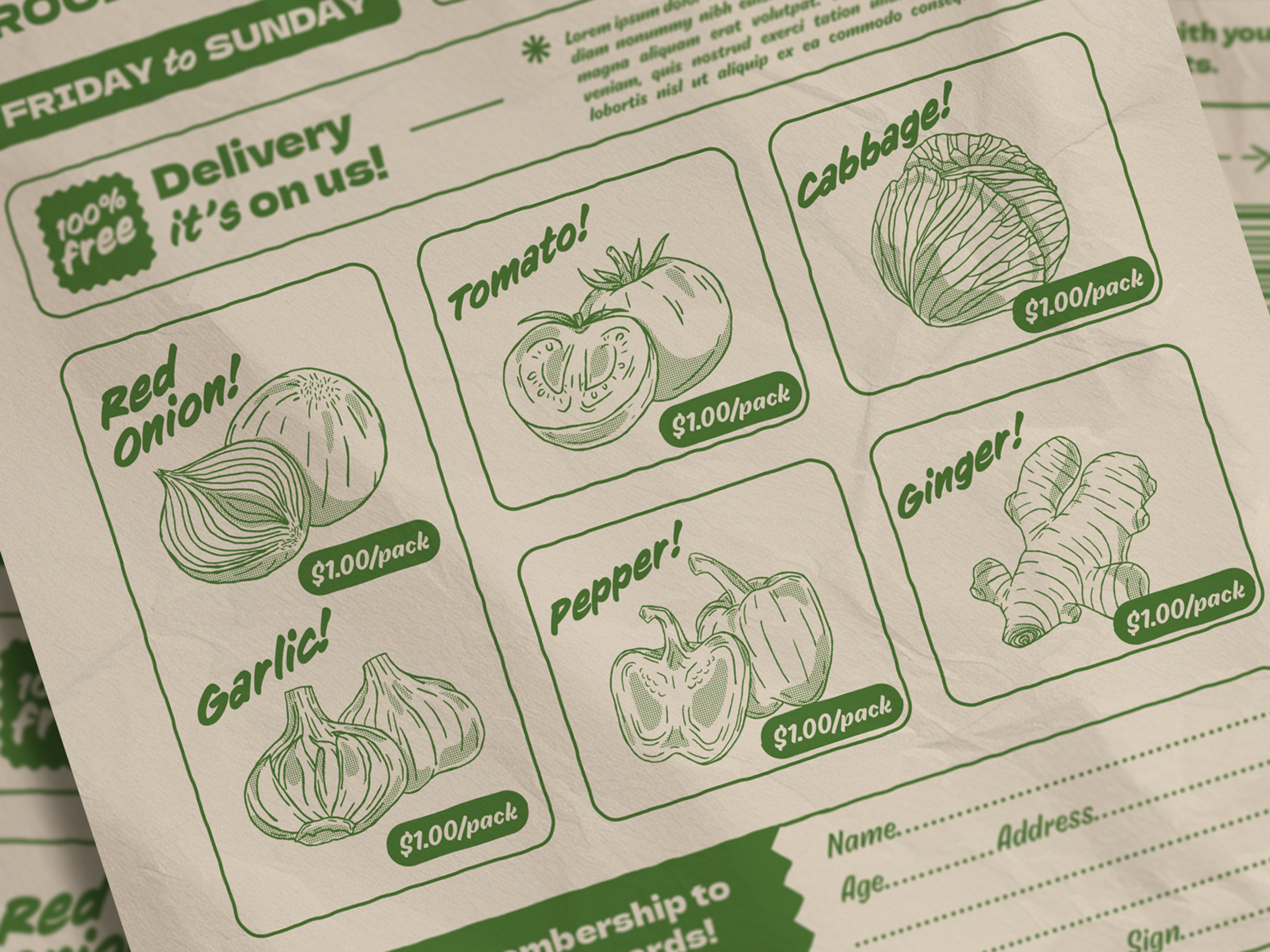 1960s Retro Vegetable Grocery Poster Design 1960s 1980s aesthetic art clipart coupon design digital download drawing fruit green grocery halftone effect illustration newspaper retro vector vegetables vintage