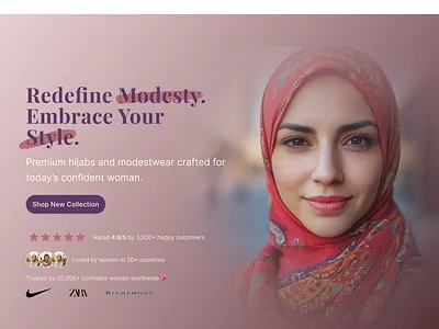 Redefine Modesty — Hijab & Modestwear Landing Page Hero Section arabic fashion ui design clean ui design elegant hijab shop design female clothing ui design feminine fashion branding ui hero section hijab website hero section landing page modern ui modest fashion landing page modestwear ecommerce ui next js react.js stylish hijab web design tailwind css hijab landing page ui womens fashion hero section