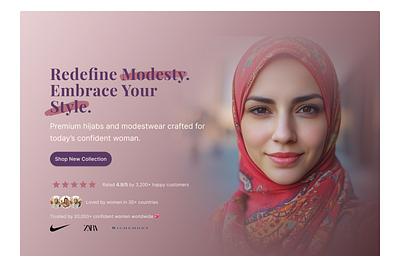 Redefine Modesty — Hijab & Modestwear Landing Page Hero Section arabic fashion ui design clean ui design elegant hijab shop design female clothing ui design feminine fashion branding ui hero section hijab website hero section landing page modern ui modest fashion landing page modestwear ecommerce ui next js react.js stylish hijab web design tailwind css hijab landing page ui womens fashion hero section