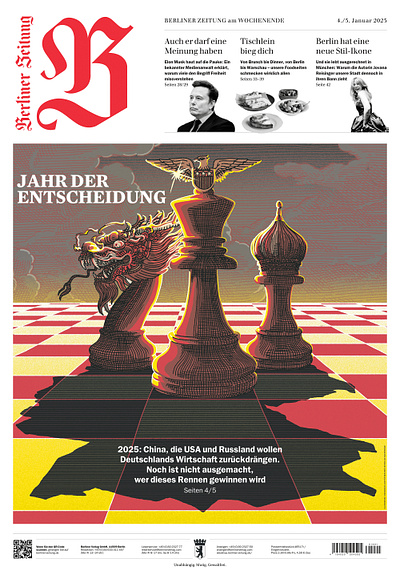 Berliner Zeitung – Conceptual Editorial Illustration america chess china conceptual economy editorial engraving etching eu game germany global illustration magazine cover power russia tariff ukraine usa war